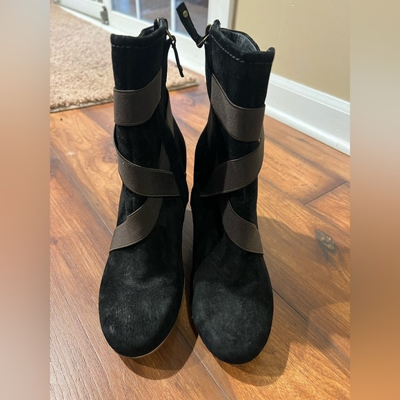UGG Shoes - UGG Taleen Black Suede Strappy Mid-Calf Wedge Heeled Boots Women's Size 8.5